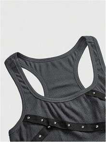 Womens Rivets Studded Halter Neck Plunge Cami Top Self-Tie Spaghetti Straps V-Neck Cut Out Front Crop Tank Top Camisole Vest Y2K Streetwear Party Tops - F208317-灰色 - 查看 4