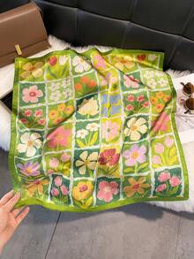 1件仿絲可愛優雅花卉印花70cm小方巾 女款新款方巾 多功能絲帶腰帶 包飾 頭巾髮飾 時尚絲巾 - 綠色 - 查看 5