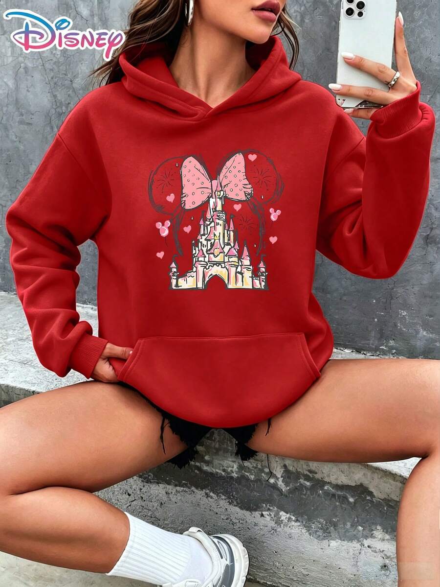 Disney Minnie Mouse Bow Magic Castle Sketch Hearts Balloons Cartoon Graphic Pullover Hoodie Women's Casual Daily Wear Long Sleeve Soft Comfortable Dreamy Princess Themed Vacation Outfit It Is A Gift For Fans And Friends, And It Is Also A Perfect Gift Choice For Lovers And Relatives. - Đỏ - Xem 1