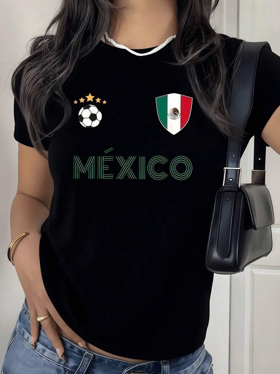 Symbols Of Mexican National Pride With Tricolor Flag, Shield And Ball Reflecting Sporting Passion And Patriotic Spirit; Comfortable And Modern Casual Women's T-Shirt - 風格 - 查看 1