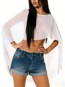 Women's Sheer Beach Cover Up  Off-Shoulder Mesh Cape Top, Perfect For Pool  Vacation - White - View 1