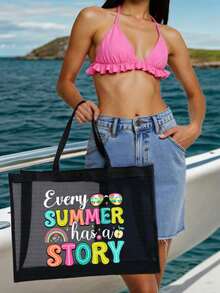 Every Summer Has A Story 黑色防沙透氣網眼海灘托特包套組，2件組，趣味夏季印花時尚單肩包，女款泳池包，適用於海灘度假、郵輪、旅行、泳池、健身房、游泳、購物及日常使用 - 彩色 - 查看 5