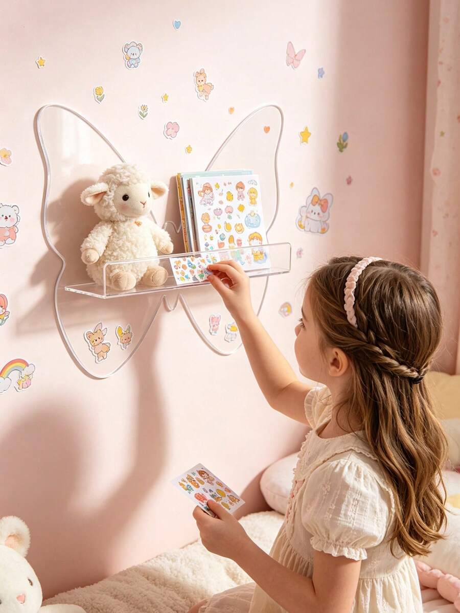 1 pieza Estante de pared de acrílico transparente - Estante de almacenamiento de pared sin taladro - Elemento esencial para ahorrar espacio para habitación de niños, suministros para bebés, decoración de habitación, decoración de habitación de niñas, suministros para fiesta de baby shower - Multicolor - Ver 1