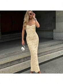 Elegante vestido largo sin tirantes para mujer con volantes y bajo asimétrico, perfecto para fiestas y ocasiones formales, tejido ligeramente elástico, corte ajustado. - Albaricoque - Ver 2