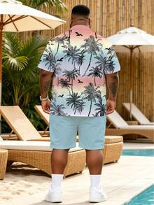 2pcs Plus Size Men's Vacation Style Hawaiian Set Shirt, Loose Seaside Holiday Outfit Sports Summer - Multicolor - View 2