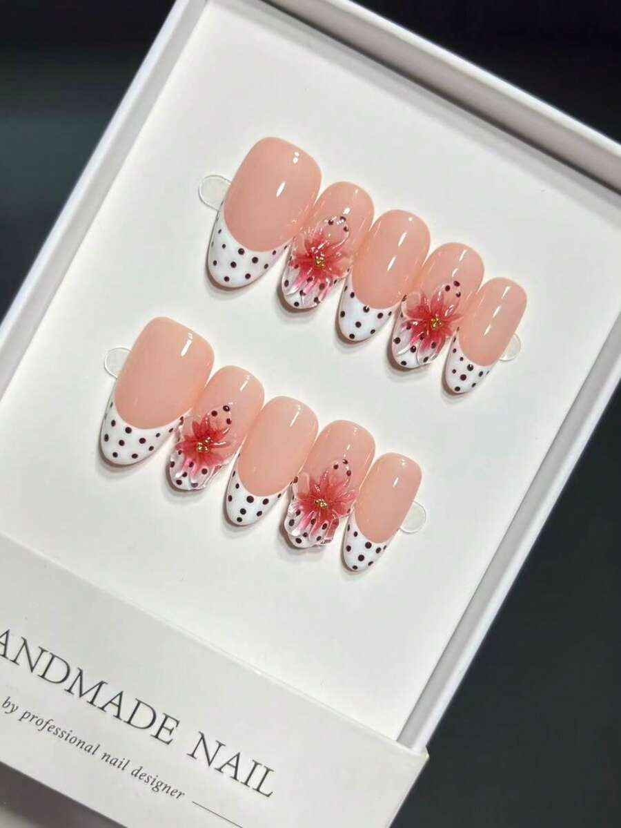 White And Black Polka Dot French Style With 3D Flower Design Handmade Press-On Nails For Women (Please Measure Before Purchase) - Multicolor - View 1