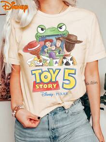 Women'S Disney Short Sleeve Vintage Cartoon Toy Story Family Print Round Neck Summer T-Shirt, Suitable For Spring, Summer, And Autumn. A Stylish And Casual Top For Disney ' Outings, Perfect For Daily Commutes And Vacations, Available In Sizes S-XXL - 杏色 - 查看 1