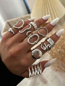 10pcs Vintage Elegant Women's Rings Set Suitable For Daily, Party, Date, Holiday Wear - Silver - View 1