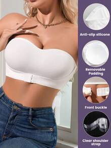 Women Invisible Strapless Push Up Bra Front Closure Convertible Bandeau W/ Clear Straps - White - View 4