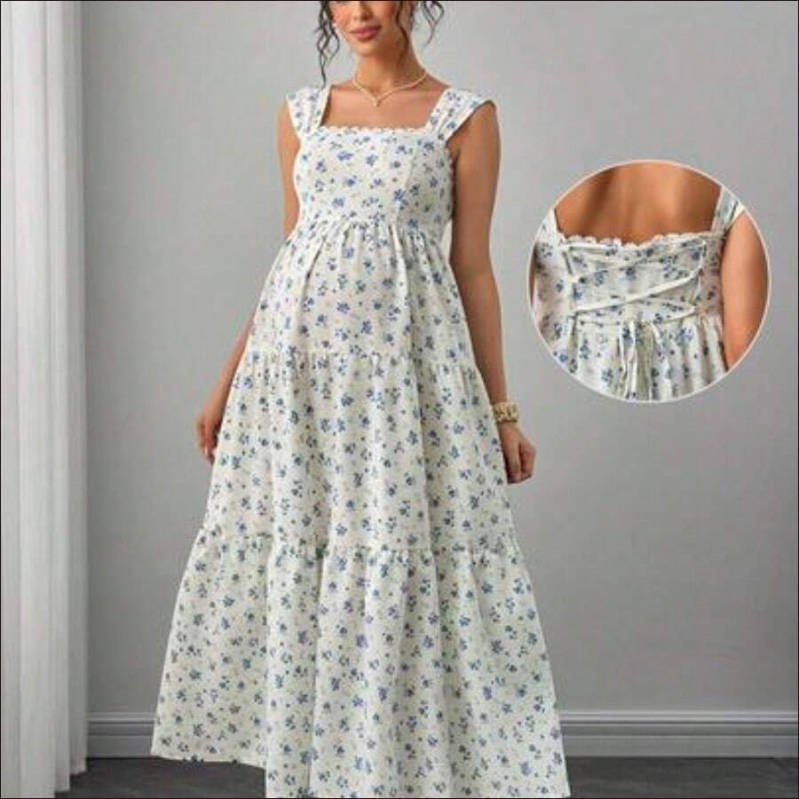 WNS Momance Vestido de maternidad con tirantes anchos, ribete de volantes, espalda con cruce y lazo, silueta ajustada en línea A, falda de varios niveles, vestido largo con estampado floral - Azul y blanco - Ver 1
