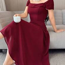 jianchaimaoyi02  Vestido elegante de unicolor con pliegues y hombros descubiertos para mujer - Agua verde azul - Ver 4
