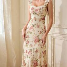 jianchaimaoyi02  Vestido ajustado con estampado floral vintage, tirantes ajustables, cintura entallada, longitud hasta la rodilla, fondo color albaricoque con flores rosas - Rosa - Ver 8