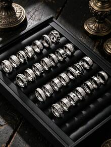 8/10/12/20/30pcs Gothic Punk Stainless Steel Ring Set For Men, Spider, Bat, Cross, Roman Number Elements Jewelry Suitable For Daily Wear And Holidays, Multiple Styles Available - Silver - View 8