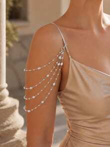 outingfit 1pc Multi-Layer Pearl Shoulder Chain, European And American Fashion Evening Party Dress Sexy Body Chain - Silver - View 1