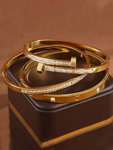 304 Stainless Steel 3pcs 18K Gold Plated Stackable Bangle Set For Women, Engraved Heart, Full Rhinestones, Waterproof, Rust-Resistant, Hypoallergenic, Multi-Style Premium Jewelry, Valentine's Day Birthday Gift And Party Favor - Gold - View 3