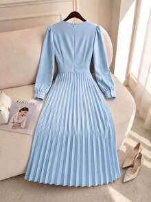 Đầm dài tay cổ ngọc trai thắt eo phong cách vintage thanh lịch Pháp, chân váy dài xếp ly cao cấp màu xanh nhạt, đầm phong cách dịu dàng cho đi làm, phù hợp tiệc, yến tiệc, công sở, hẹn hò, đi lại, trang phục công sở - Màu xanh lam - Xem 3