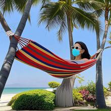 1 Set Summer Portable Canvas Hammock Single Double Size, Heavy‑Duty Striped Hammock With Storage Bag For Beach Camping Backyard Garden Outdoor Use - Multicolor - View 1