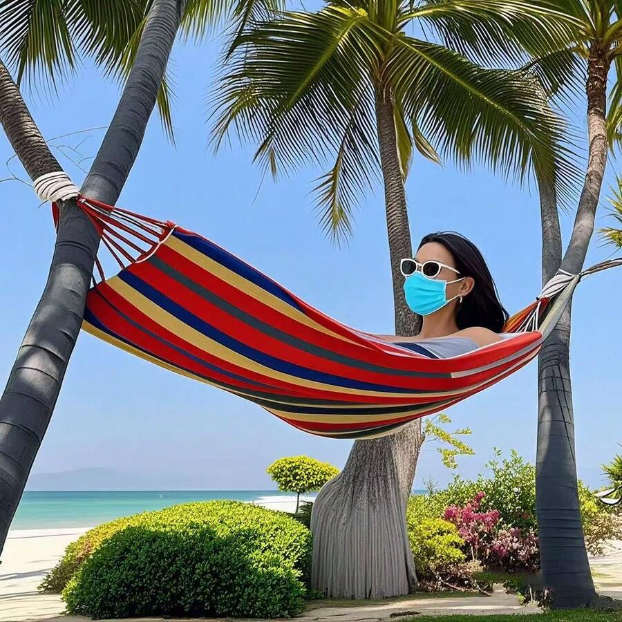 1 Set Summer Portable Canvas Hammock Single Double Size, Heavy‑Duty Striped Hammock With Storage Bag For Beach Camping Backyard Garden Outdoor Use - Multicolor - View 1