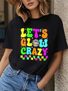 Unisex T-shirt i ren bomull, Retro 80-tals grafisk T-shirt för dam, Lets Glow Crazy med färgstarkt bokstavstryck, discokula & stjärnor, svart, avslappnad, rund hals, medium stretch, maskintvättbar, vår- och sommarfestkläder, sommar, F, säsongsbetonat mode, retrodesign, bekväm passform, present till shoppare, sommar-T-shirt, blus, basplagg, toppar, kreativ design, utomhuslek, cool stil, rolig design, perfekt för utomhuslek, kreativ design, utomhuslek, cool stil, rolig design, perfekt för utomhuslek. - Svart - Visa 1