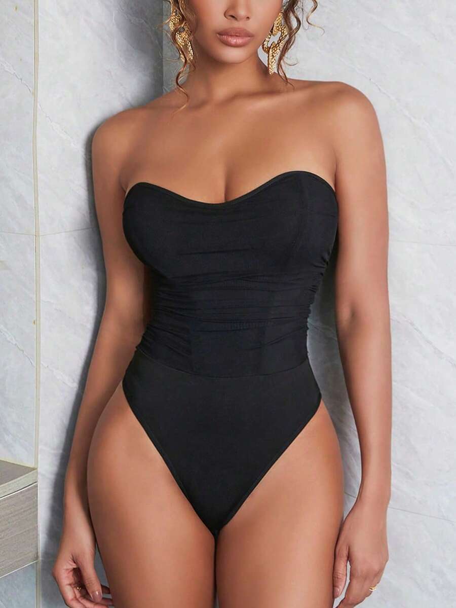 Apperloth A Solid Color Mesh Ruched Tube Corset, Sexy For Music Festival Black Summer Elegant - Black - View 1