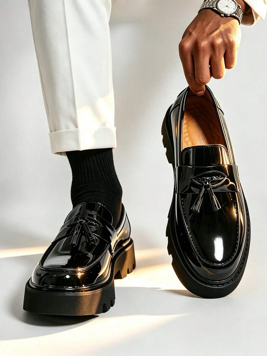 Men's Formal Shoes With Tassel Decor Loafers, Glossy Lightweight Sole, Comfortable
