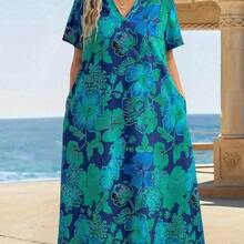 dagjydgfyja  Vestido holgado con bolsillo, de manga corta y estampado floral, talla grande para mujer, para vacaciones - Verde - Ver 6