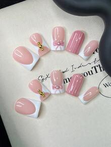 10pcs Y2K Nails Square Press On Nails Set - Handcrafted, Pink Nails, White Nails, White French Tip Nails, Handmade 3D Pink Bow Nails Art, Hand Drawn Pink Stripe Design, Nails Handmade, Sparkling Gold Rhinestone And White Pearl Decoration - Multicolor - View 10