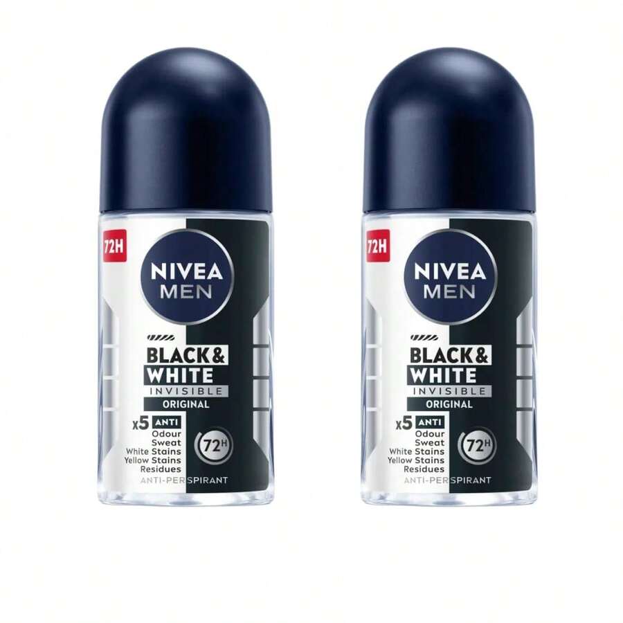 NIVEA Men Roll-On Deodorant Invisible Black & White Original, 72H Anti-Perspirant Protection, Fights Sweat & Body Odor, No White Or Yellow Marks On Clothes, Long-Lasting Freshness, 25ml, Pack Of 2 - 多樣化香型 - 查看 1