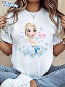 Disney! Frozen Princess Elsa Floral Print Women's T-Shirt, Casual Fashion Round Neck Short Sleeve Summer Top, Sweet And Cool Versatile Sweatshirt, Outdoor Daily Casual Wear - White - View 1