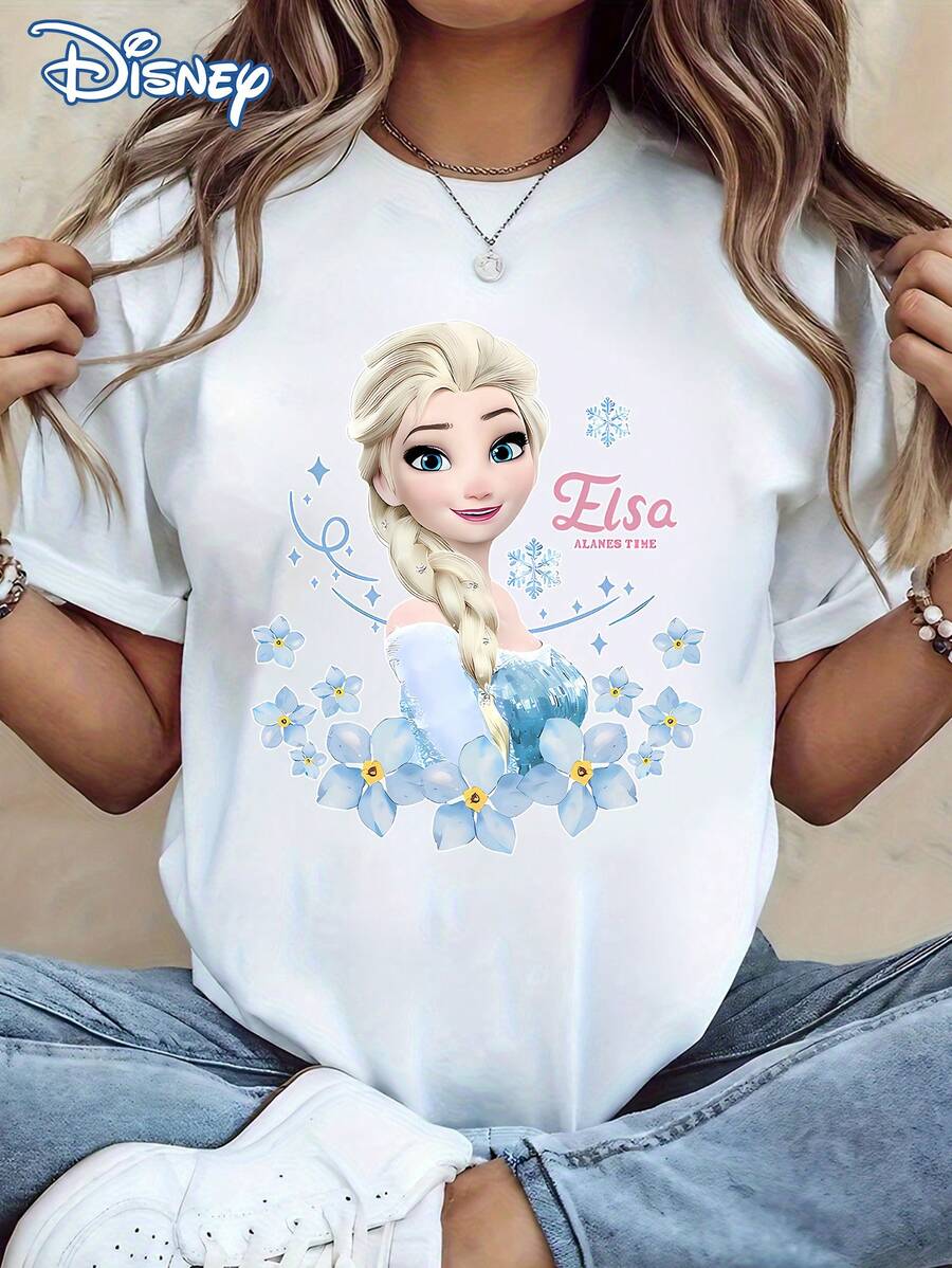 Disney! Frozen Princess Elsa Floral Print Women's T-Shirt, Casual Fashion Round Neck Short Sleeve Summer Top, Sweet And Cool Versatile Sweatshirt, Outdoor Daily Casual Wear - White - View 1