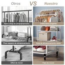 Percheros para Ropa con Ruedas Perchero para Colgar Ropa con Estante de Almacenamiento Inferior Perchero Móvil Vertical Percha de Doble Barra Percha con Rieles Dobles Soporte de Riel de Ropa - Blanco - Ver 6