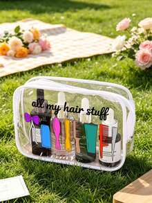 PVC 化妝包，印有髮飾圖案與「All My Hair Stuff」字樣，防水盥洗包，多功能化妝包，可收納髮夾、髮圈等，紅色墊層便攜收納包，化妝包，護膚包，旅行必備，宿舍用品，浴室收納，珠寶收納 - 彩色 - 查看 17