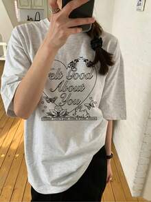 Minimalist. 100% Cotton. 1 Piece. Women's Short-Sleeved T-Shirt, Loose And Casual, Sweet And Retro Y2K Style. Cotton Top With Graffiti Print Of Hearts, Bunnies, And Letters, Versatile T-Shirt For Everyday Wear And Summer Sports. Spring/Summer Top. - 白色 - 查看 8