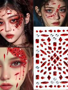 1pc/1set Halloween Face Rhinestone Stickers, Glue-Free Red & Black Cross, Bat, Blood Drip Rhinestone Combination, High Gloss Texture, Suitable For Face, Eyes, Neck, Fits Dark/Gothic Makeup, Create Thrilling Atmosphere Look - Multicolor - View 5