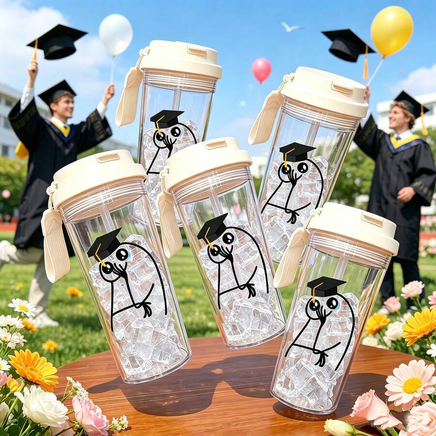 1pc/5pc 500ml Emotional Graduation Flocked Print Plastic Cup With Straw, Carrying Strap And Leak-Proof Lid, Gradient Color Iced Coffee Cup, With Crying Graduate Flocked Character Illustration, Suitable For Daily Use, Ideal Gift For Graduates, Students And Graduation Season
