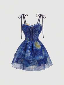 MOD Vestido camisero mini con estampado del cielo estrellado vintage romántico, Pintura al óleo de Van Gogh<la noche="" estrellada=""></la> - Azul - Ver 1