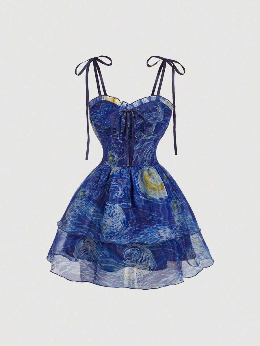 MOD Vestido camisero mini con estampado del cielo estrellado vintage romántico, Pintura al óleo de Van Gogh<la noche="" estrellada=""></la> - Azul - Ver 1