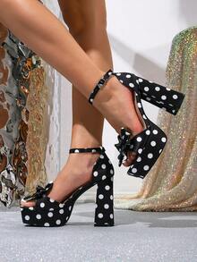 Women's Polka Dot High Heel Sandals Summer 2026 New Bowknot Fashion Versatile Square Toe Open Toe Chunky Heel High Heels Thick Sole Platform Height Increasing Plus Size Women's Heels Evening Party Fashion Shoes - Black - View 5