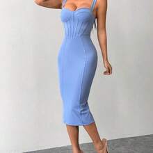 dagjydgfyja  PETITE Vestido midi ajustado y entallado con parte trasera dividida, copa de busto y cadera azul - Azul - Ver 7