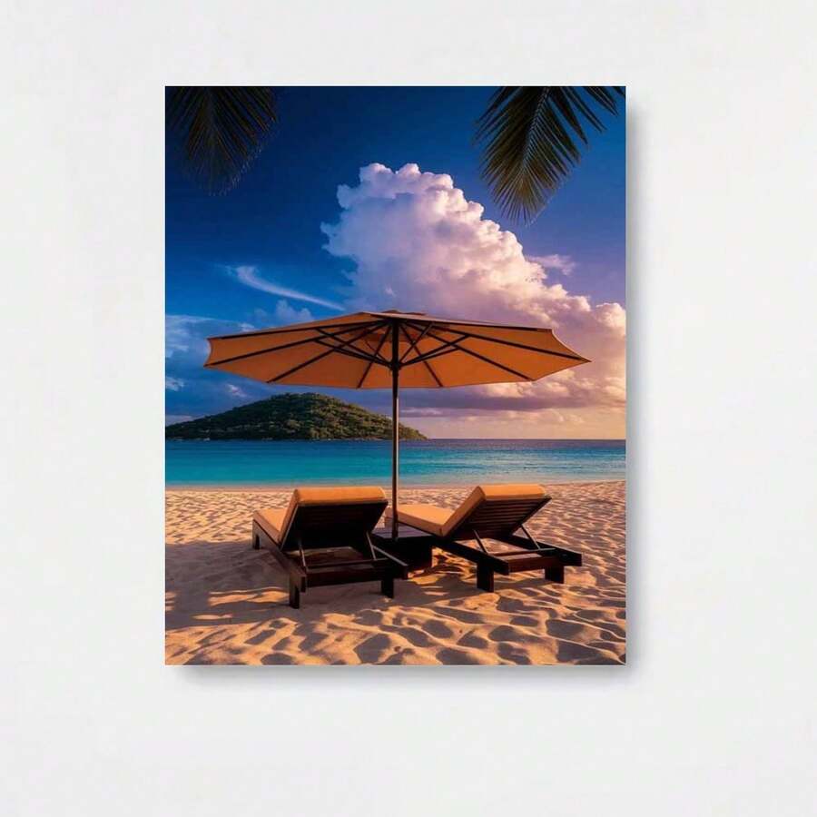 Póster plano 2D, 1 pieza, de atardecer tropical en playa con palmeras - Pintura en lienzo sin marco adecuada para decoración de pared, moderna y minimalista, apta para bodas, Acción de Gracias, sala de estar, dormitorio, oficina - Arte de tumbona y sombrilla con palmeras - Enmarcado - Ver 1