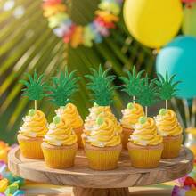 12/24 pièces Décorations de Cupcake Feuilles d'Ananas Vertes Pailletées Pics à Gâteau Feuilles de Palmier Tropicales Scintillantes pour Fête Hawaïenne Luau Été Plage Décorations de Dessert Fournitures de Pâtisserie - feuilles d'ananas - Voir 8
