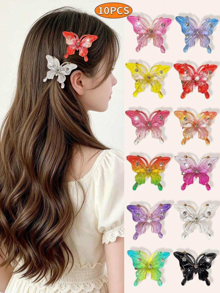 10pcs Transparent Gradient Butterfly Hair Clips With Rhinestone Embellishments, Alligator Hair Clips Non-Damaging To Hair, Suitable For Side, Bangs, Braided Hairstyles, Energetic Girly Style Hair Accessories For School, Outings, Parties - Multicolor - View 1