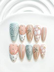 10片甜美女孩風手工穿戴甲，Polygel美甲套組，線條波點水鑽裝飾，藍色指甲油，清新夏日風，含美甲工具，3種尺寸可選，方型/短方型/杏仁型，適合派對、跳舞、日常配戴 - 彩色 - 查看 16