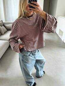 Get Rich A Women's Vacation Top Bohemian Pink & Brown Striped Round Neck Long Sleeve T-Shirt Autumn Casual Top Fall/Winter Retro Color Block Striped Shirt Vacation Casual Elegant Style Casual Daily Top Commute Minimalist T-Shirt Retro Casual Top Minimalist Casual Round Neck T-Shirt - Pinkish Brown - View 4