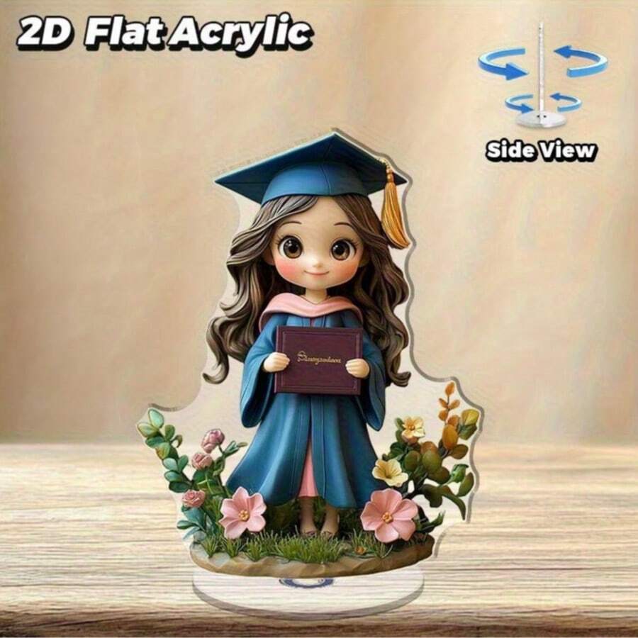 1pc 2D Acrylic Rotating Desktop Ornament, Cartoon Girl Holding Book Graduation Season Commemorative Gift - A - View 1