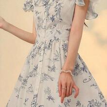 jianchaimaoyi02  Vestido de tirantes con volantes y estampado floral diminuto, vestido elegante de cuello cuadrado para uso diario - Gris azul - Ver 9