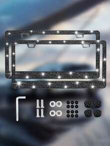 1/2 Pcs License Plate Frame - Durable Shiny License Plate Frame, Women's Style, Stainless Steel, No Obstruction Border, Inlaid With Multi-Faceted Cut Rhinestones, Shiny Rhinestone Diamond Car Accessories, With Shiny Crystal Screw Caps - Multicolor - View 16