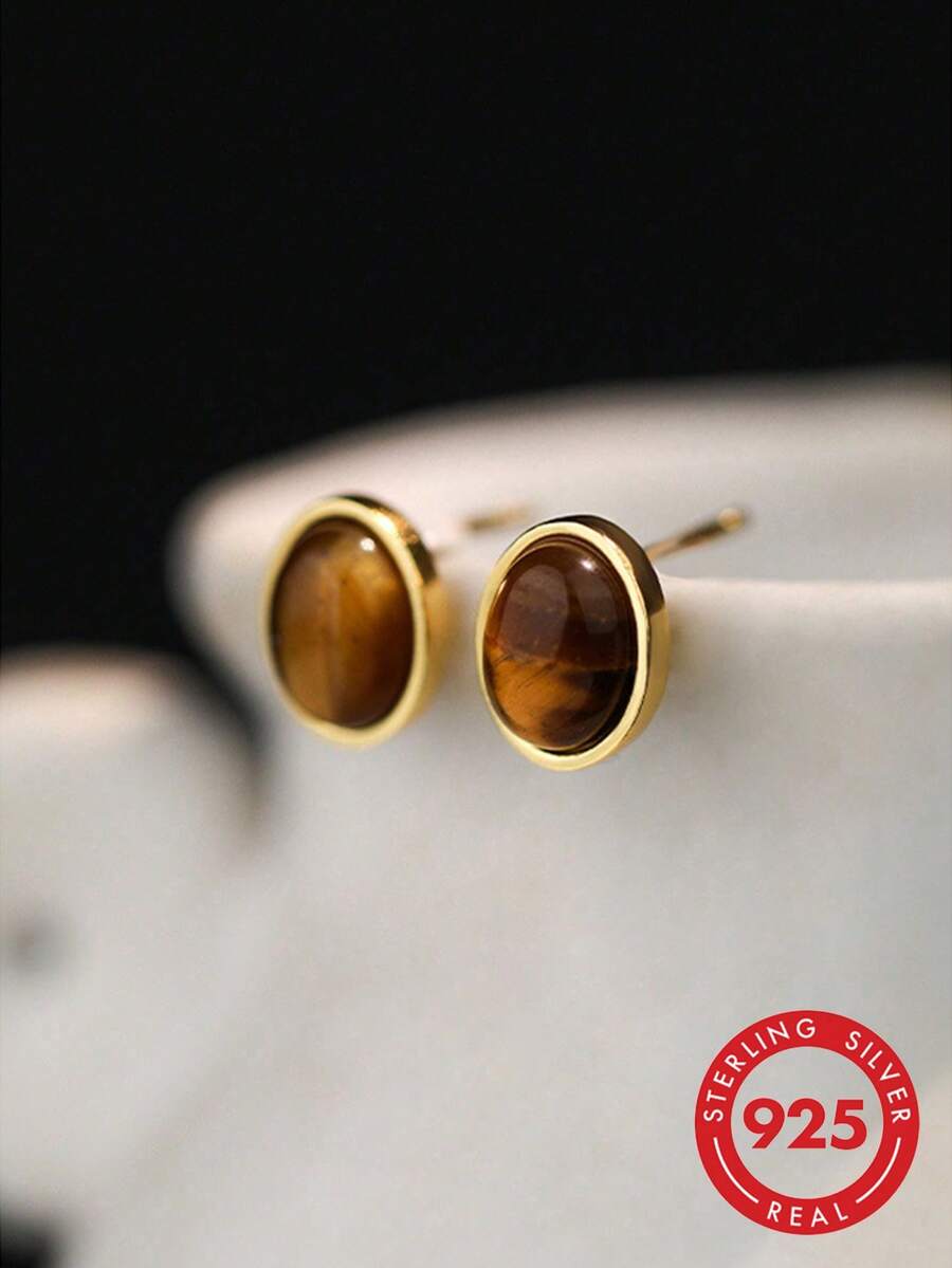 2pcs Exquisite Women's Jewelry S925 Sterling Silver Malachite Design Stud Earrings, Retro Brown Round Tiger Eye Stone Dangle Earrings - Yellow Gold - View 1
