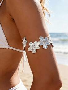 1pc Women's European & American Bohemian Vacation Style Shiny Silver 3D Flower Open Cuff Arm Bracelet, Adjustable Design, Beach Party Music Festival Atmosphere Niche Elegant Arm Accessory - Silver - View 4