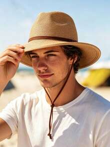 Men's Summer Straw Sun Hat Wide Brim Panama Straw Hat Beach Hat With Windproof Rope - Straw Hat - View 6